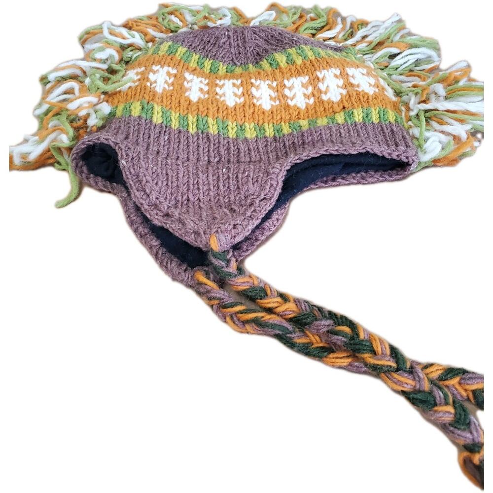 Hand Knit Earflap Beanie Peruvian Hat Fleece Lining Braided Tassels Mohawk Brown